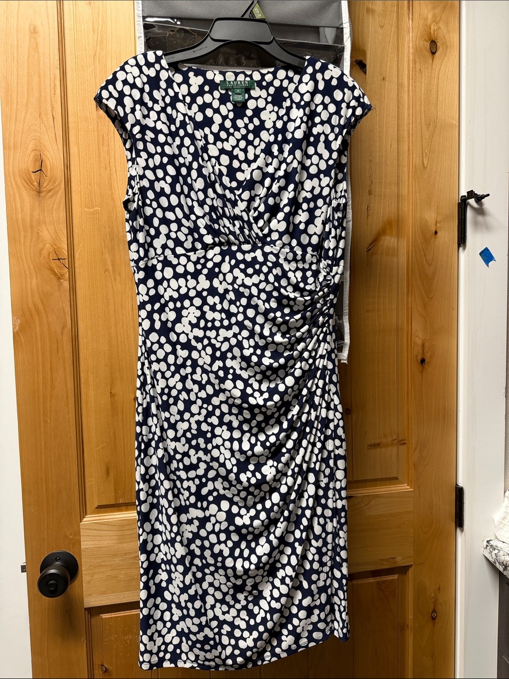 Lauren Ralph Lauren Navy and White Polka Dot Ruched Sheath Dress